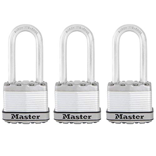 MASTER LOCK Heavy Duty Padlock [Key] [Laminated Steel] [Long Shackle] [Weatherproof] [Pack of 3] M1EURTRILH - Best Used for Storage Units, Sheds, Garages, Fences