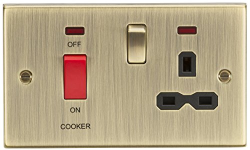Knightsbridge CS83AB Square Edge Antique Brass 45A DP Cooker 13A Switched Socket with Neons and Black Insert