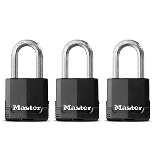 MASTER LOCK Heavy Duty Padlock [Key] [Covered Laminated Steel] [Weatherproof and Rustproof] [Medium Shackle] [Pack of 3] M115EURTRILF - Best Used for Storage Units, Sheds, Garages, Fences