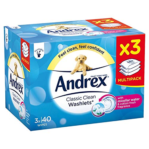 Andrex Washlets Flushable Toilet Tissue Wipes, Classic Clean - Pack of 3 (Total 120 Wipes)